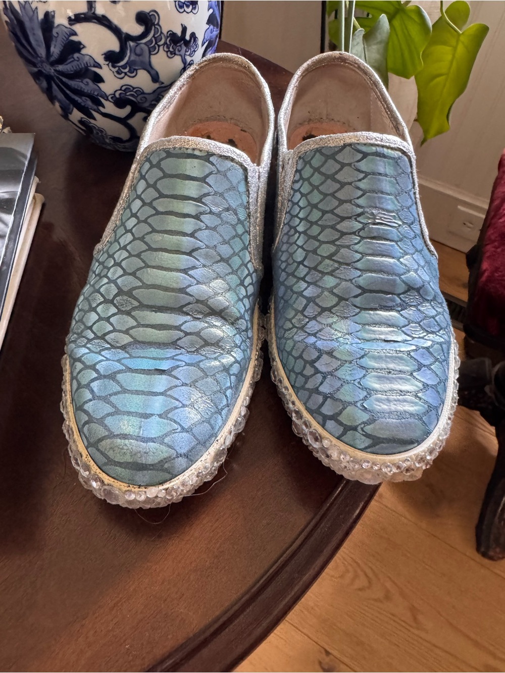 Iridescent Aqua Upcycled Slip-On Sneakers with Scaled Texture and Rhinestones